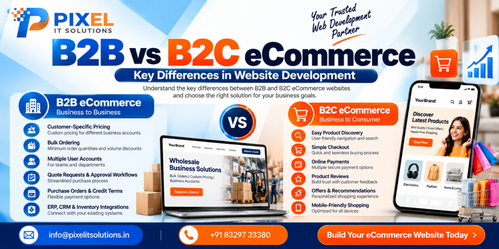 Pixel IT Solutions banner comparing B2B and B2C eCommerce website development features and requirements.